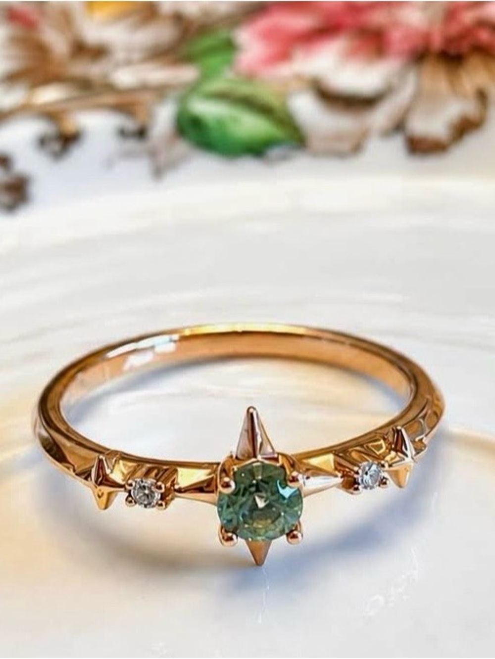 GENUINE 14k Rose Gold, green sapphire & diamond ring. Size 5. Like new!